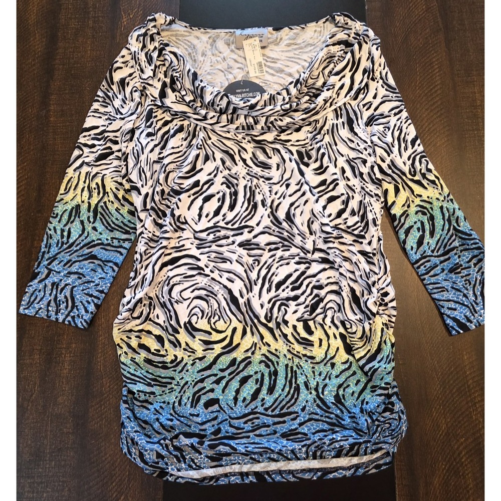 Lynn Ritchi Silver Top Drape Neck Zebra Animal Print Ruched Blouse Ombre Large L